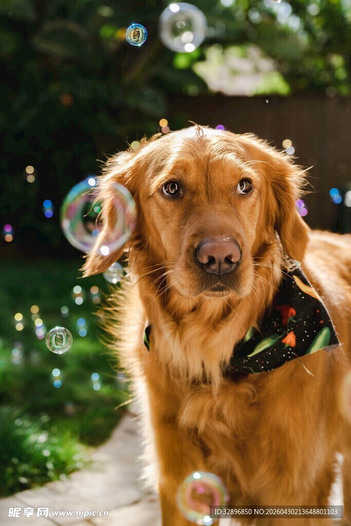 金毛犬在泡泡中欢乐瞬间