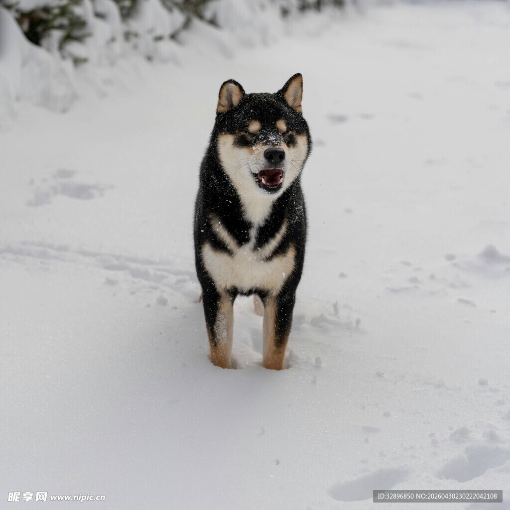 雪地中的可爱柴犬