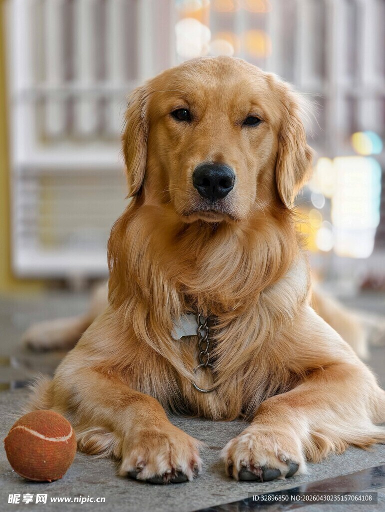 趴着的金毛犬与网球