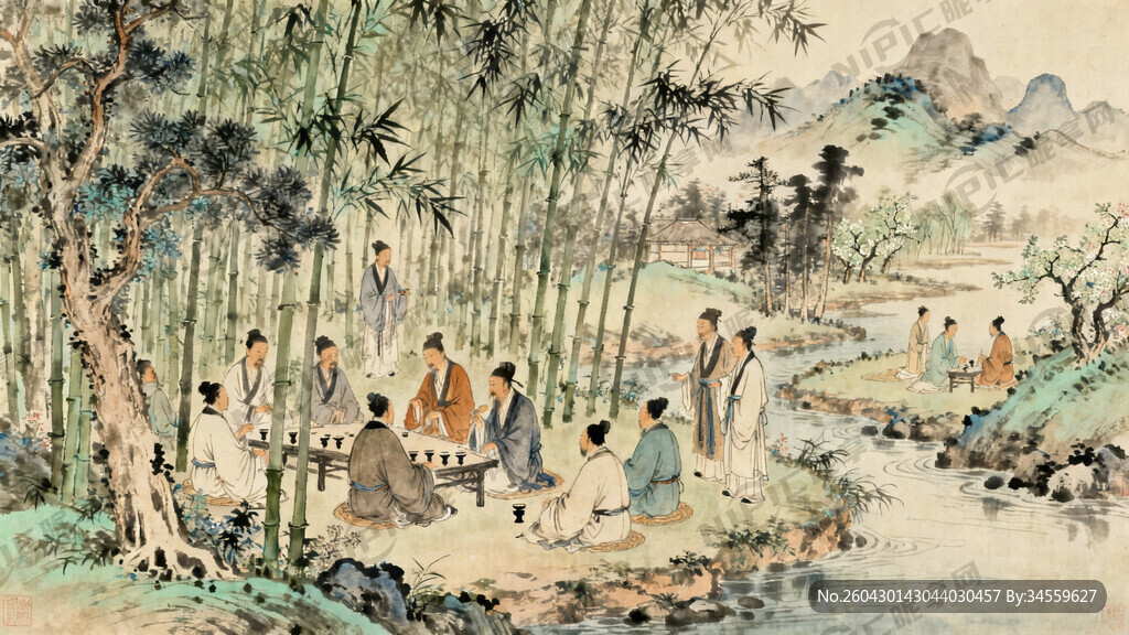 画面内容‌：众多文人在茂林修竹