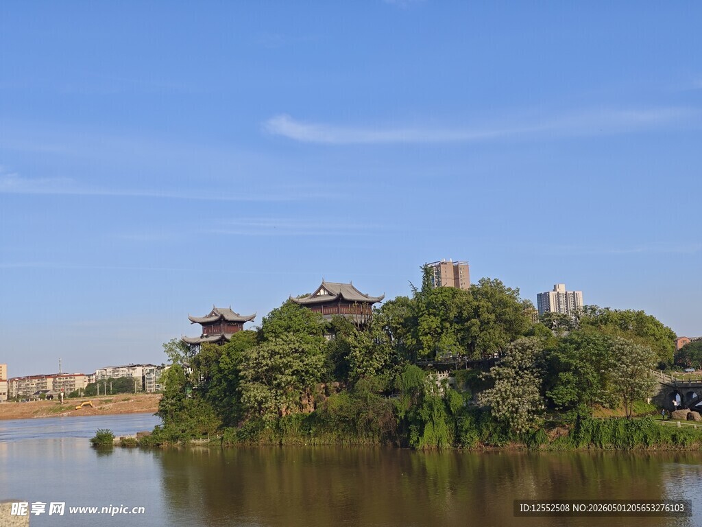湖中小岛绿意盎然景观美