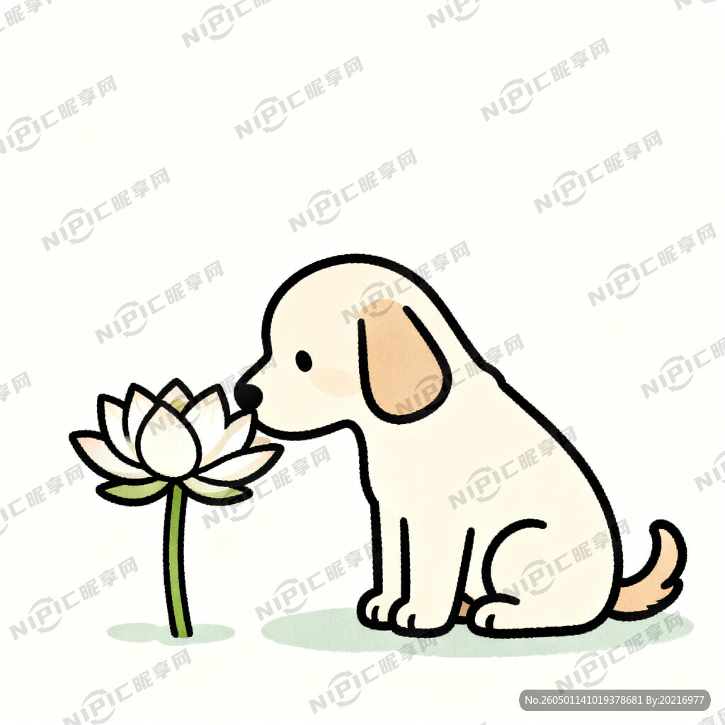 线条小狗闻莲花