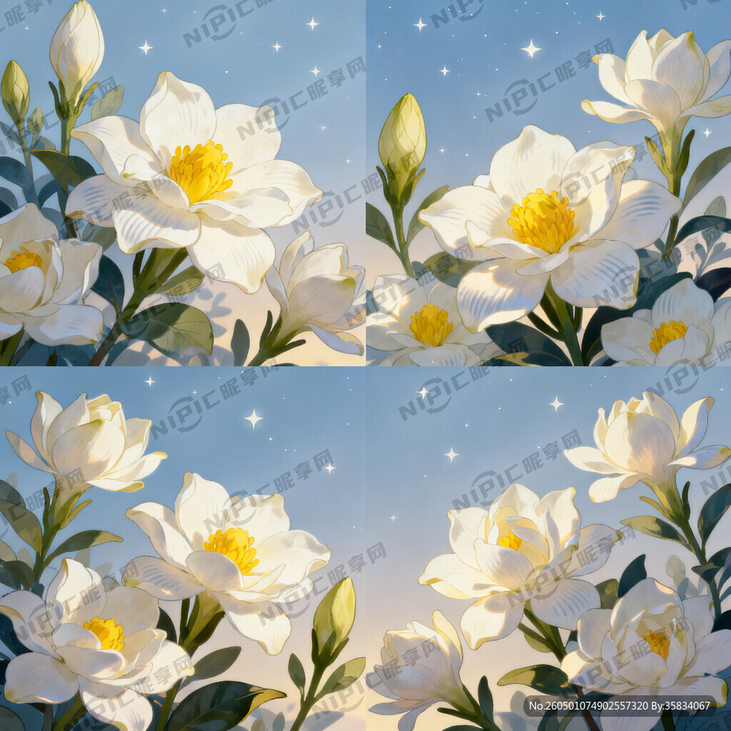4张多个栀子花晚安数码插画大图