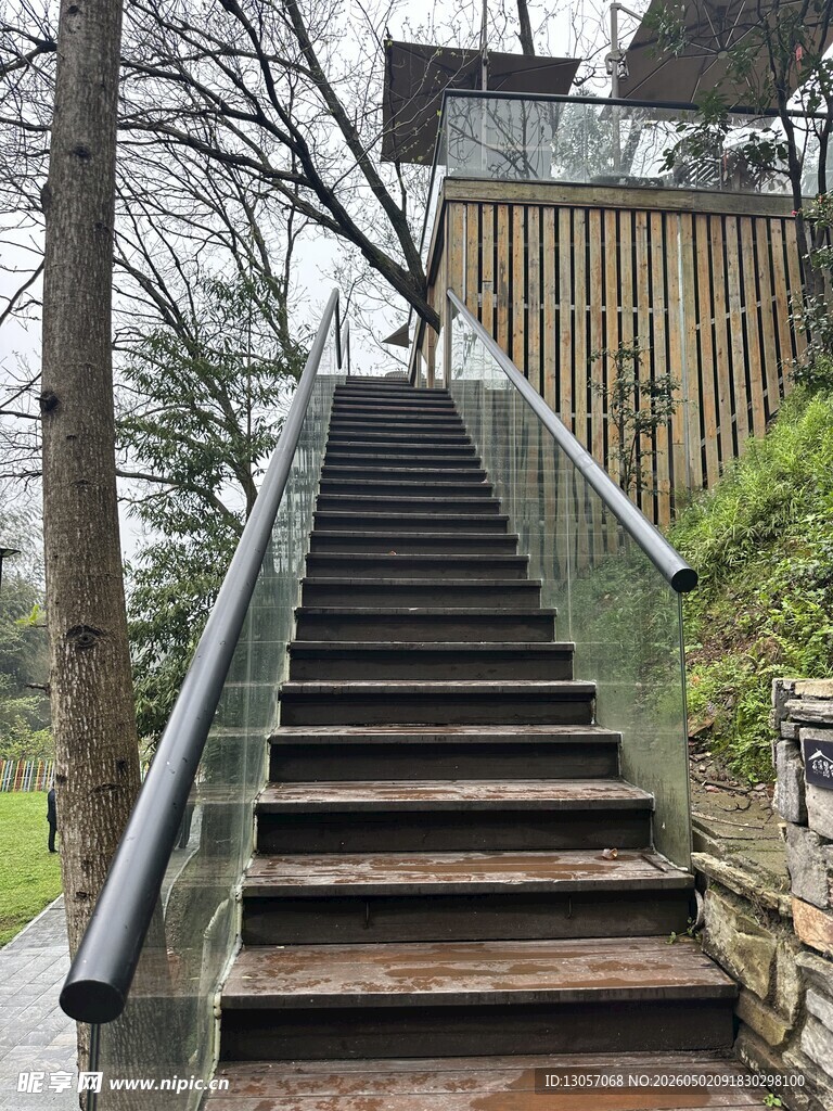 林间木质阶梯通往小屋