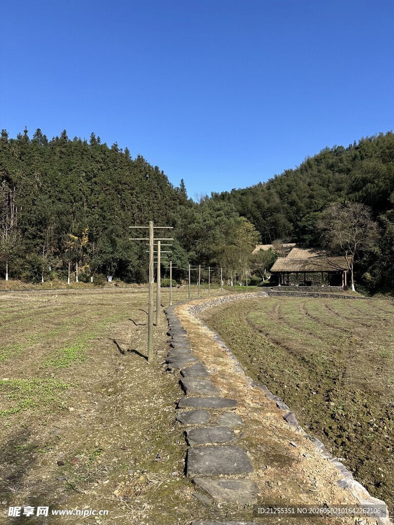 乡村田野间的灌溉水渠