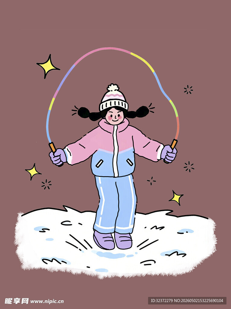 雪地中快乐跳绳的女孩