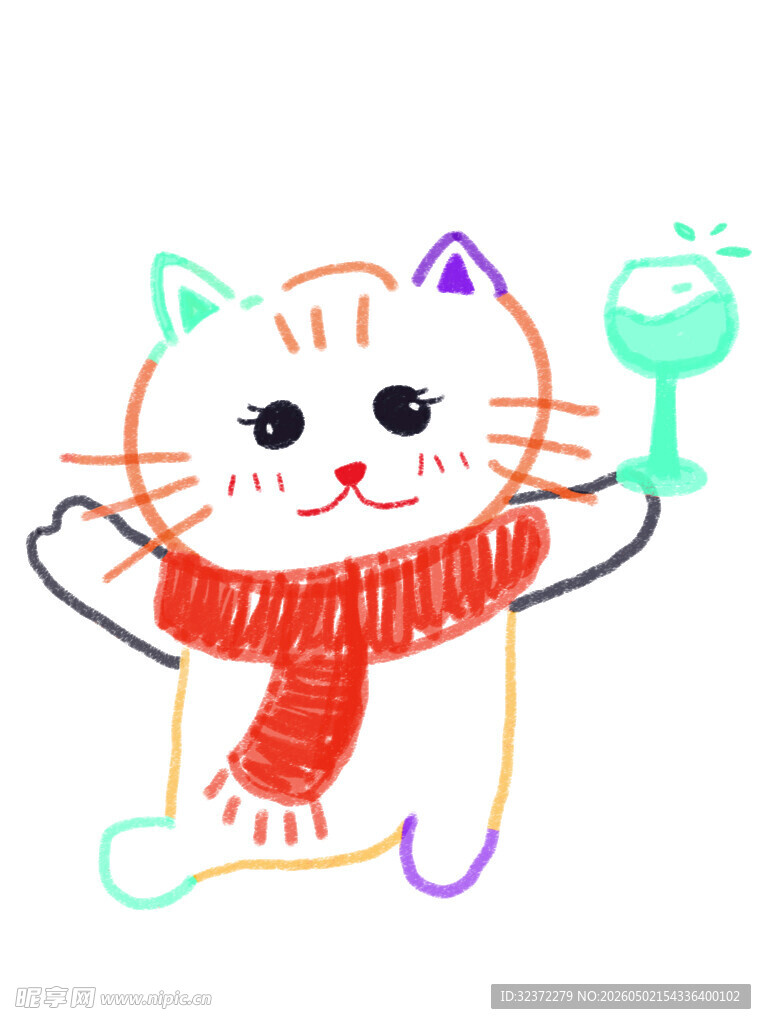 戴围巾举杯的可爱猫咪