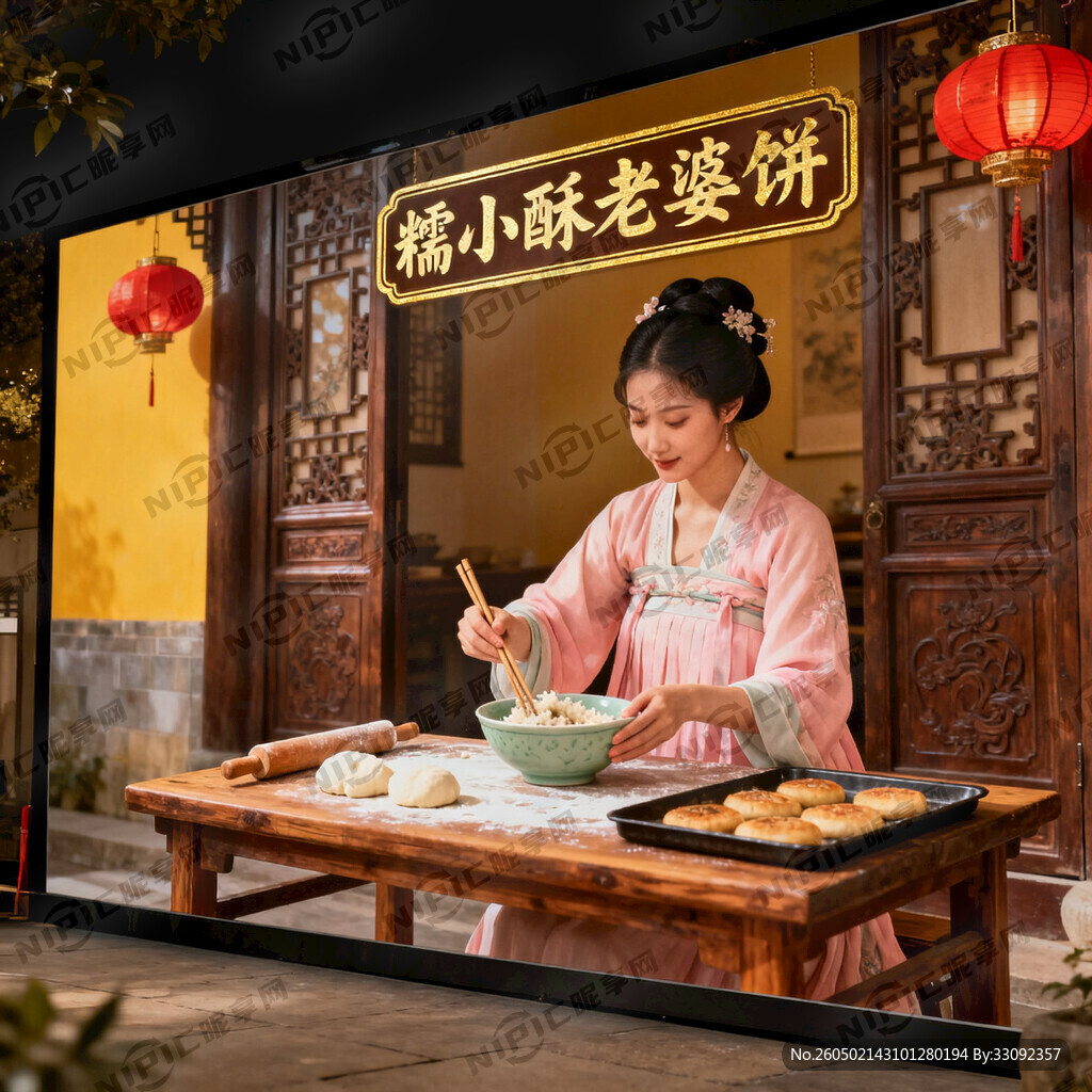 生成一个古代女子在家做老婆饼的