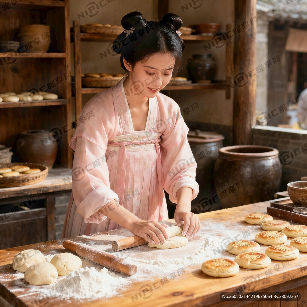 生成一个古代女子饼店做老婆饼的