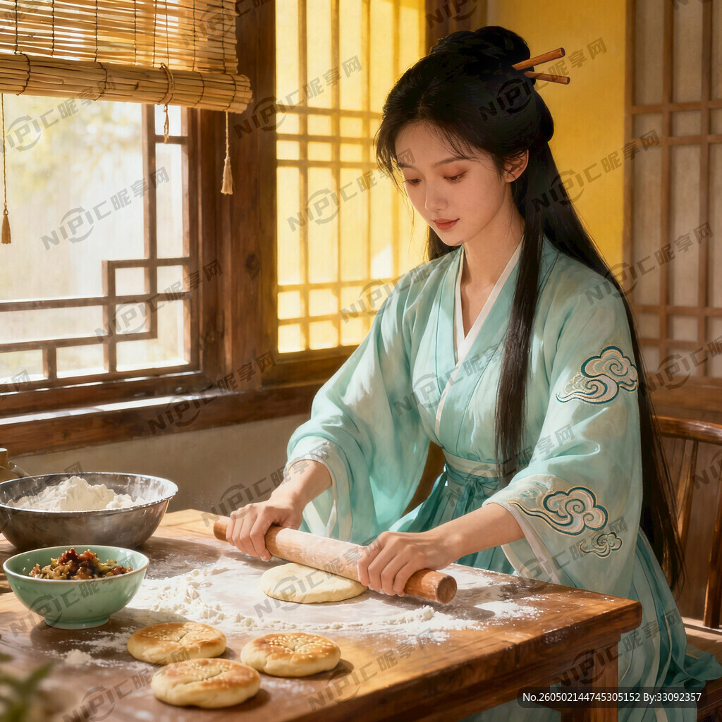 生成一个古代女子在家做老婆饼长