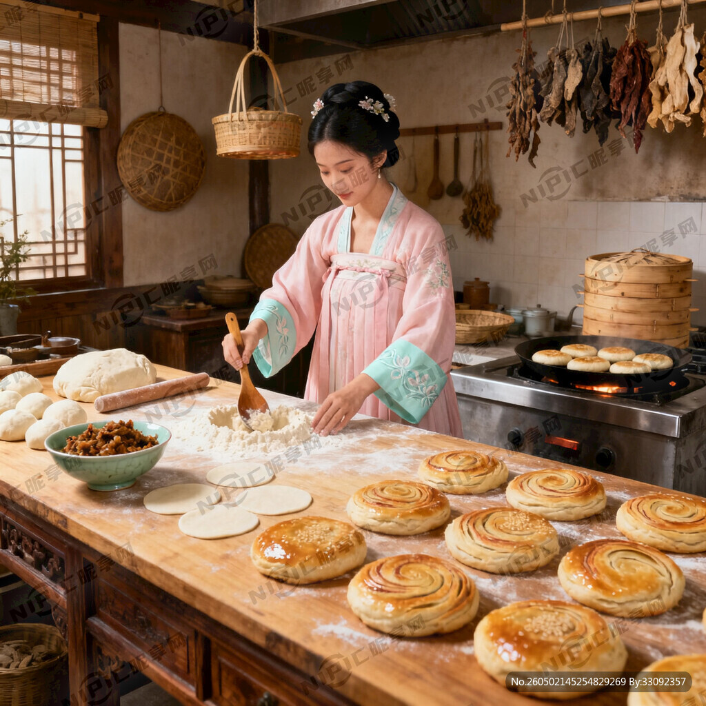 生成一个古代女子在家做老婆饼长