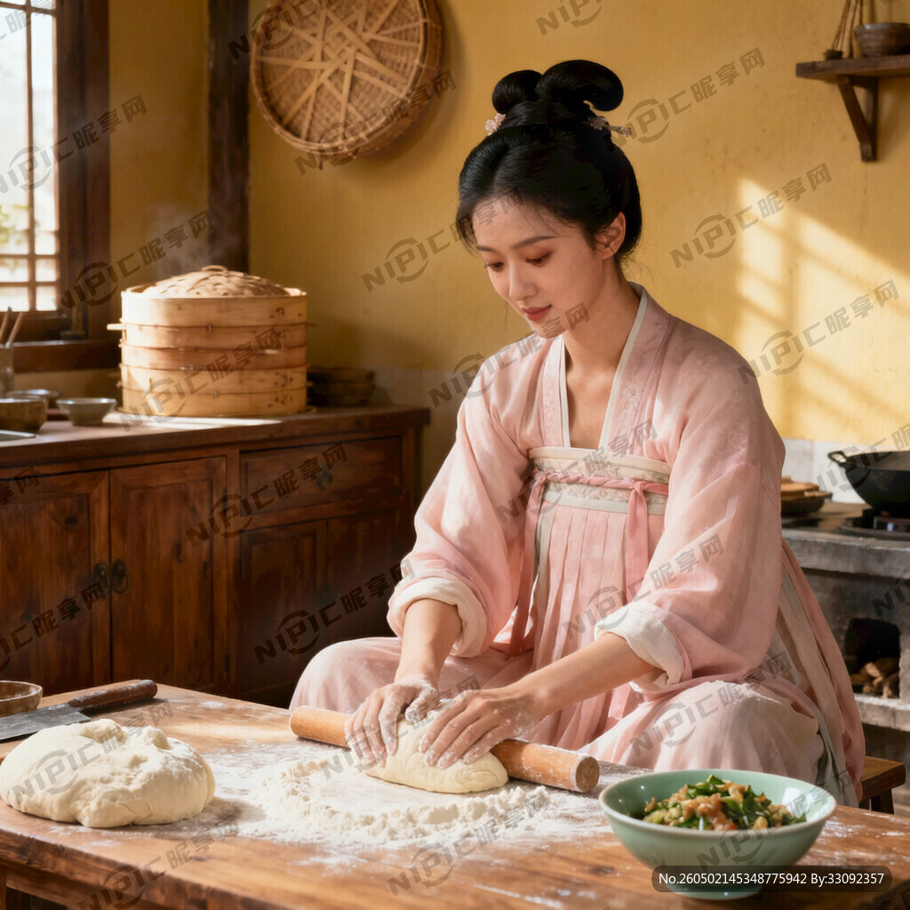 生成一个古代女子在家做老婆饼长