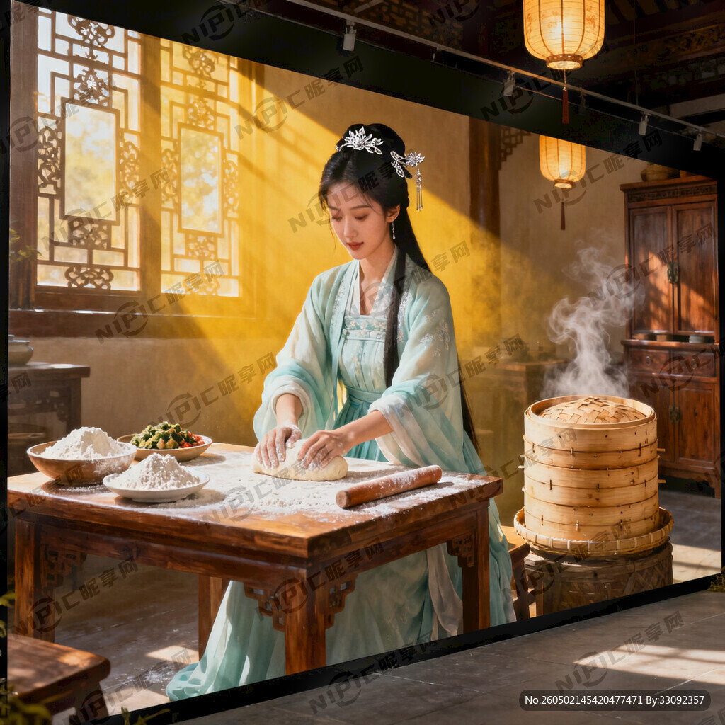 生成一个古代女子在家做老婆饼长