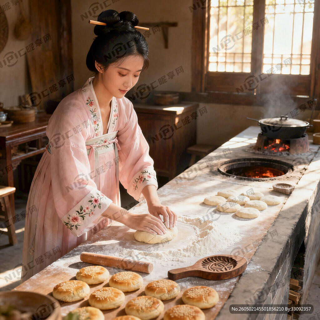 生成一个古代女子在家做老婆饼长