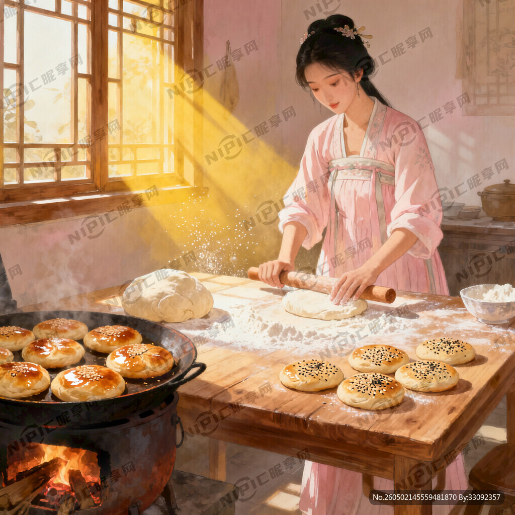 生成一个古代女子在家做老婆饼长