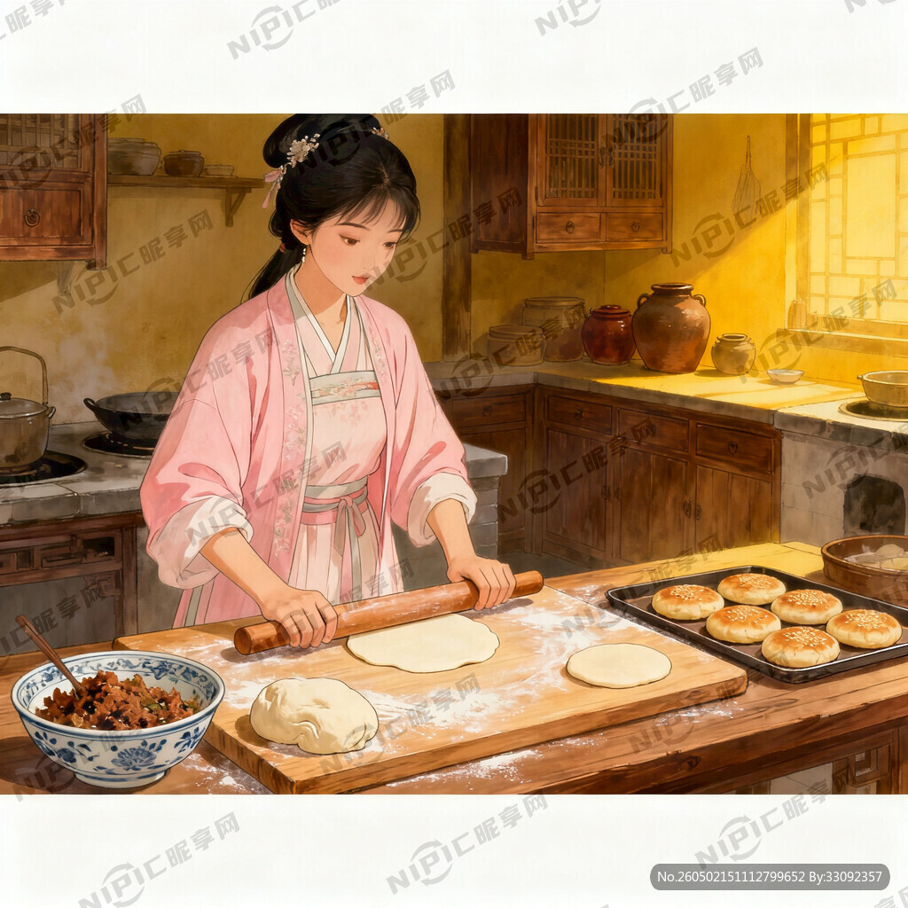生成一个古代女子在家做老婆饼的