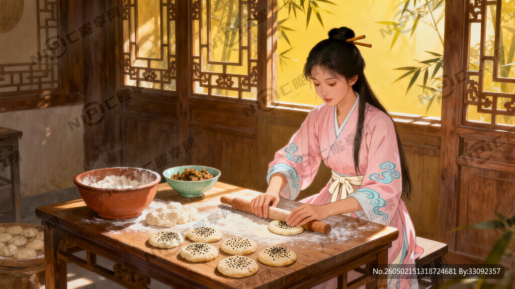 生成一个古代女子在家做老婆饼的