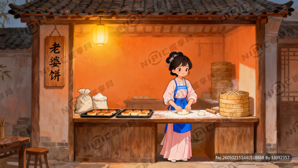 生成一个古代女子饼店做老婆饼的