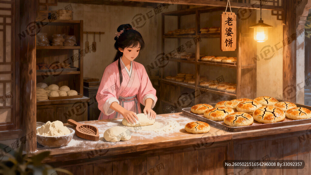 生成一个古代女子饼店做老婆饼的