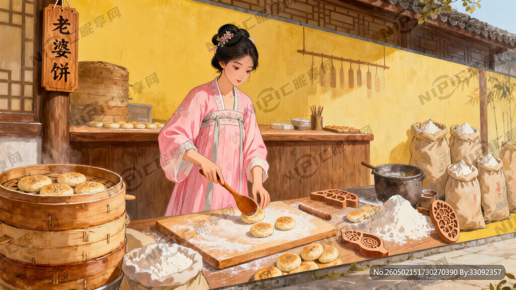 生成一个古代女子饼店做老婆饼的