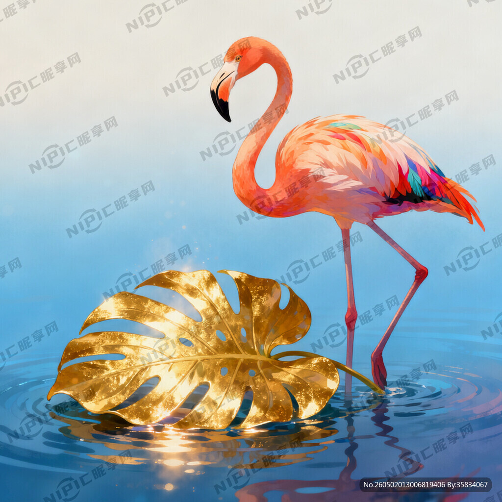 汤金叶子加火烈鸟数码插画