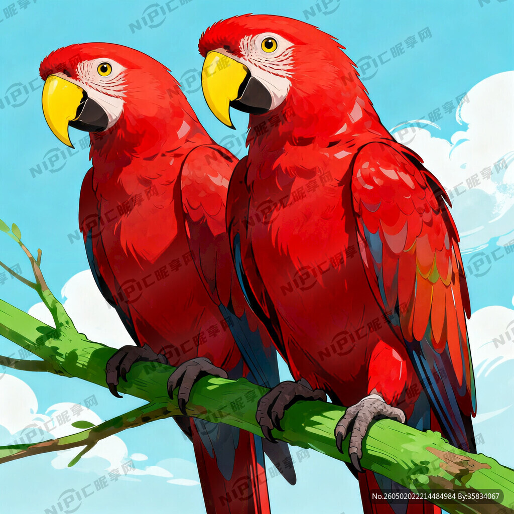 两只红色鹦鹉数码插画