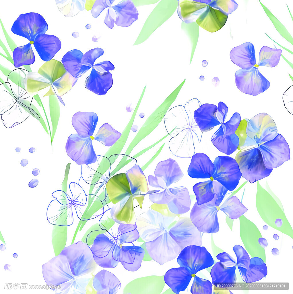 水彩绘蓝紫色花朵图案