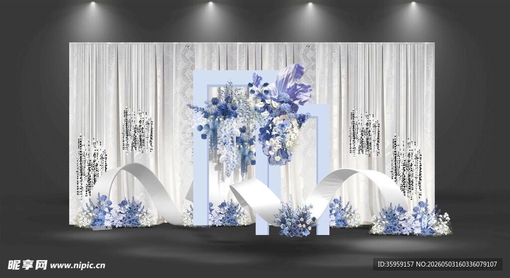 蓝白色浪漫婚礼迎宾区