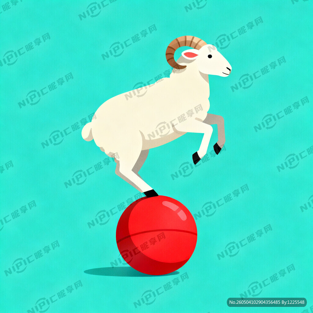一只脚踏着一个红色球体的羊的矢
