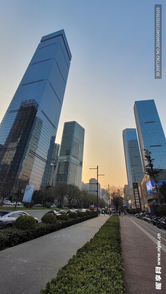 城市街道旁的摩天大楼景观