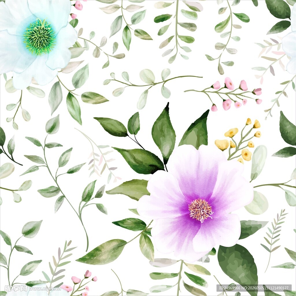 水彩花卉植物无缝图案