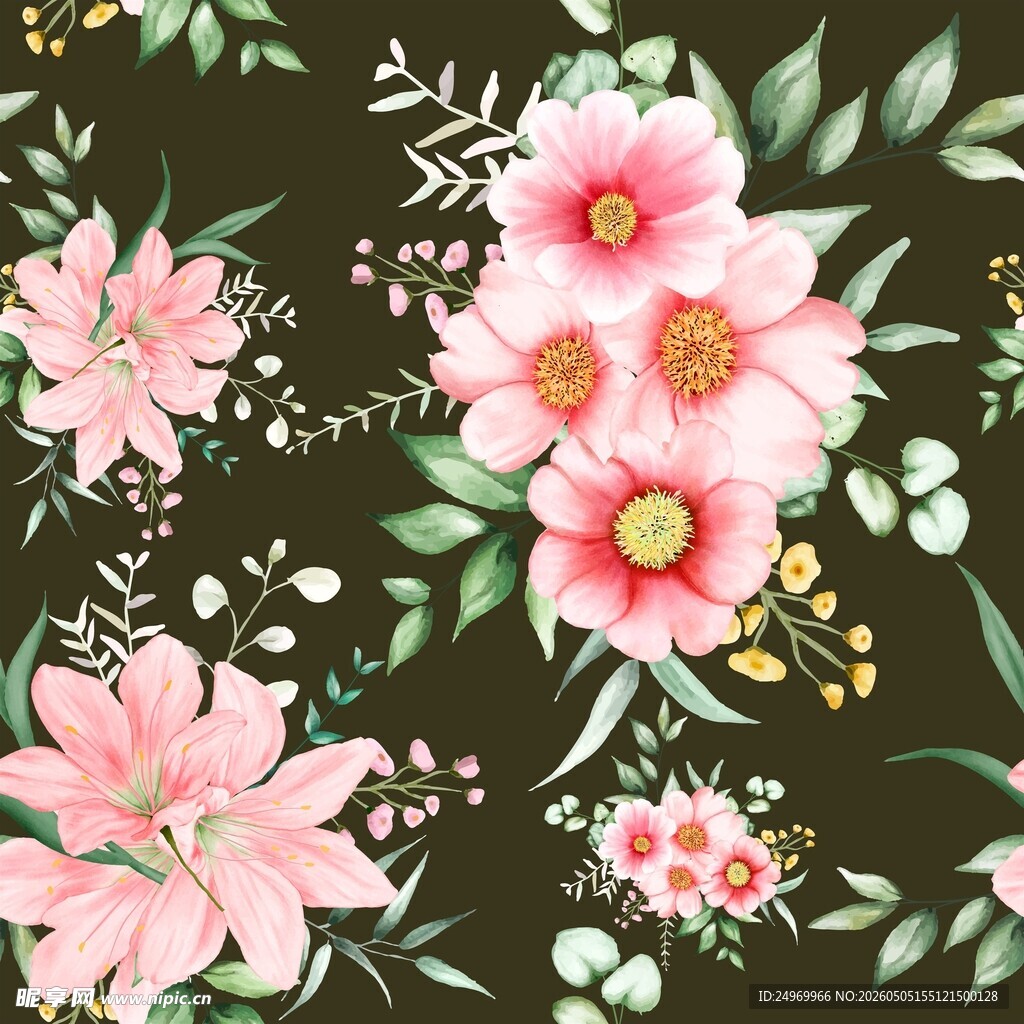 深绿背景上的粉色花卉图案