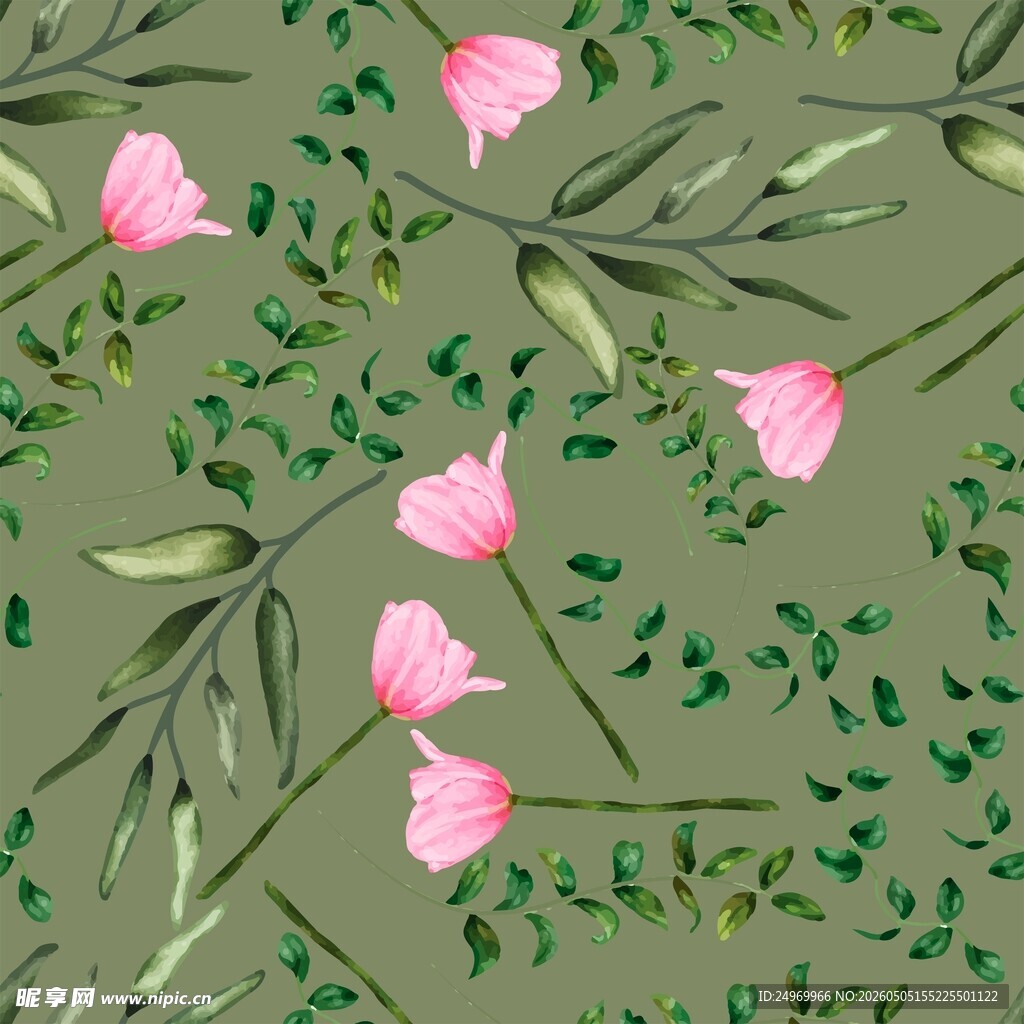 手绘粉色花卉与绿叶图案