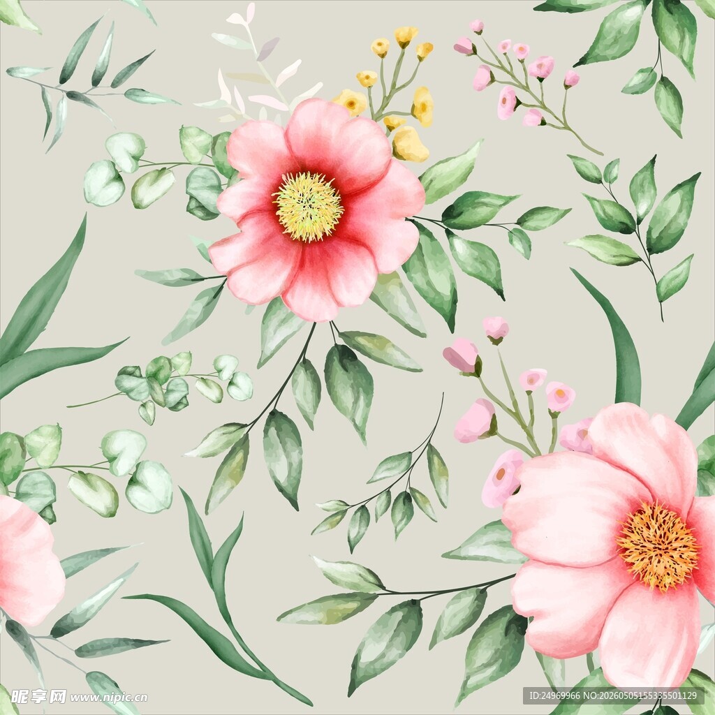 粉色花卉绿叶水彩图案