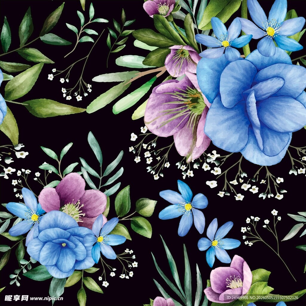 黑色背景上的绚丽花卉图案