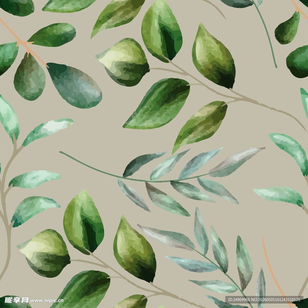 水彩绿叶植物花卉无缝图案