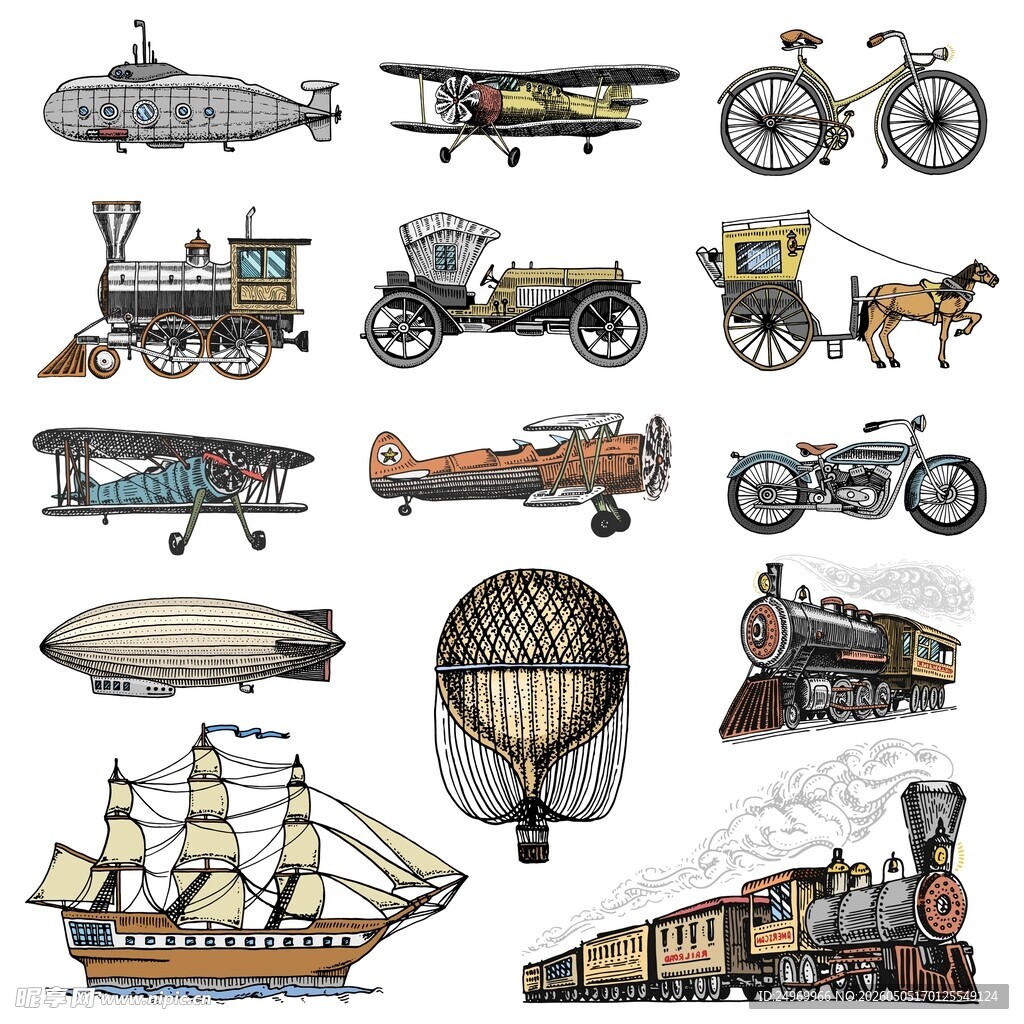 复古交通工具插画集合