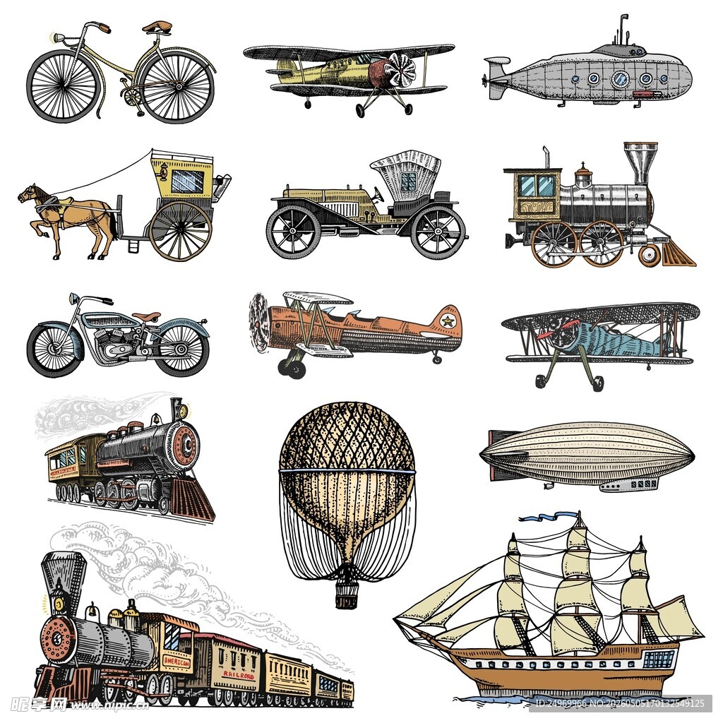 复古交通工具插画集合