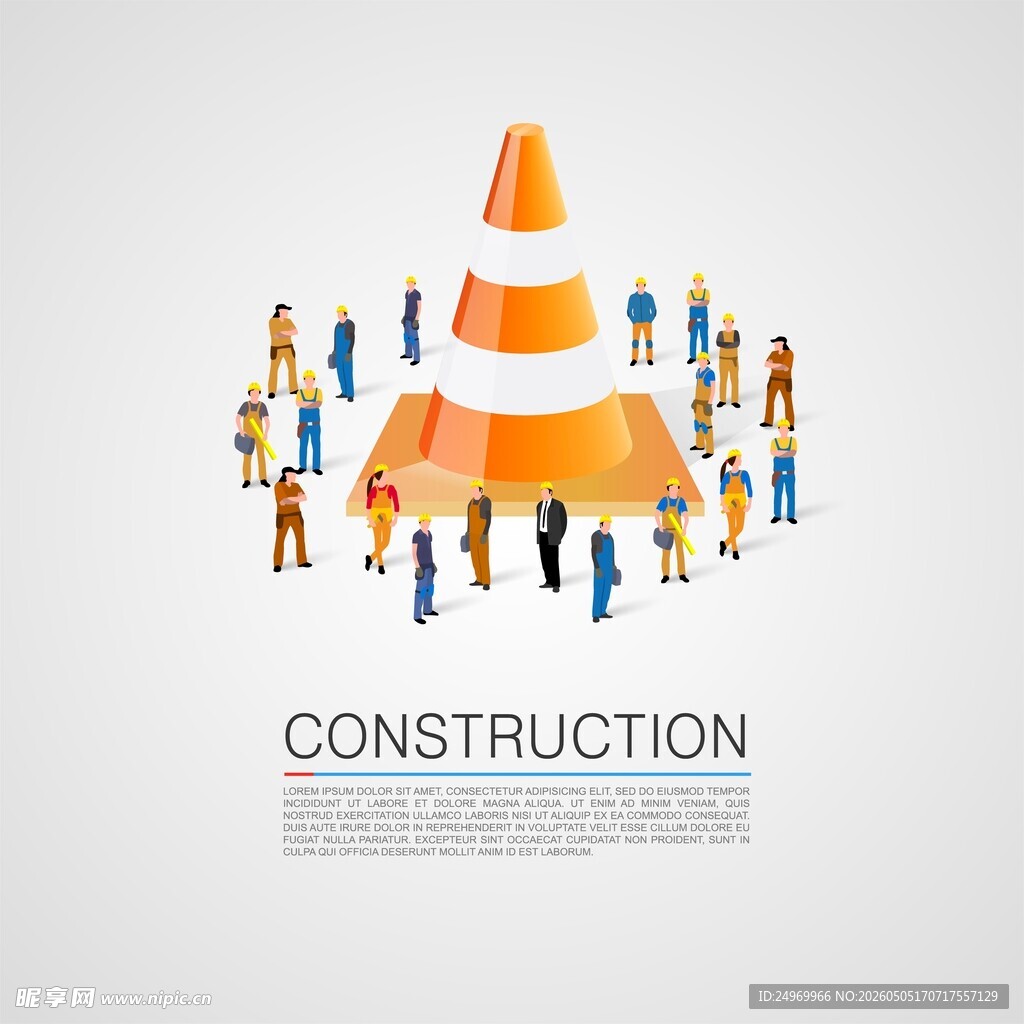 建筑工人围绕施工警示锥