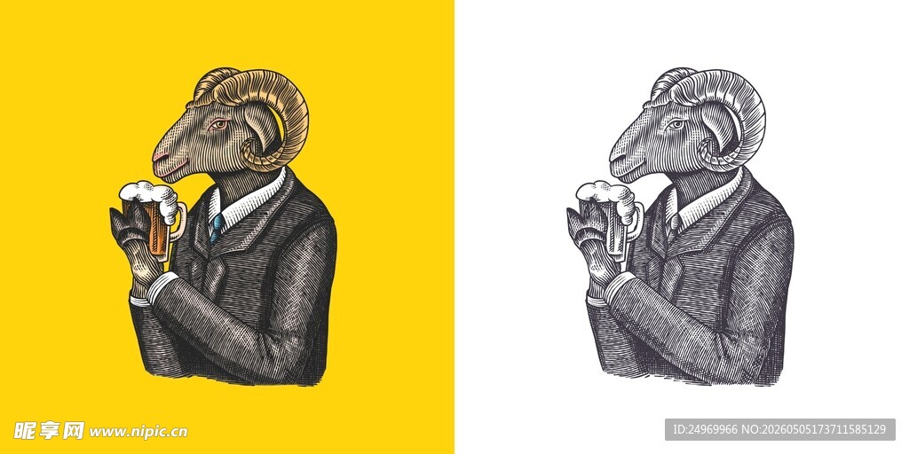 复古长鼻人像插画对比