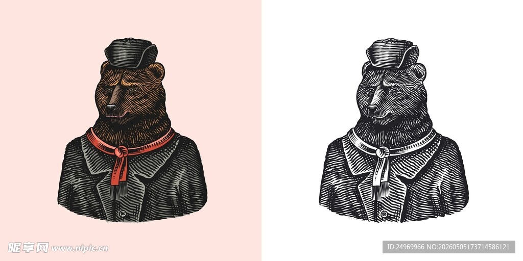 复古风格动物头像插画