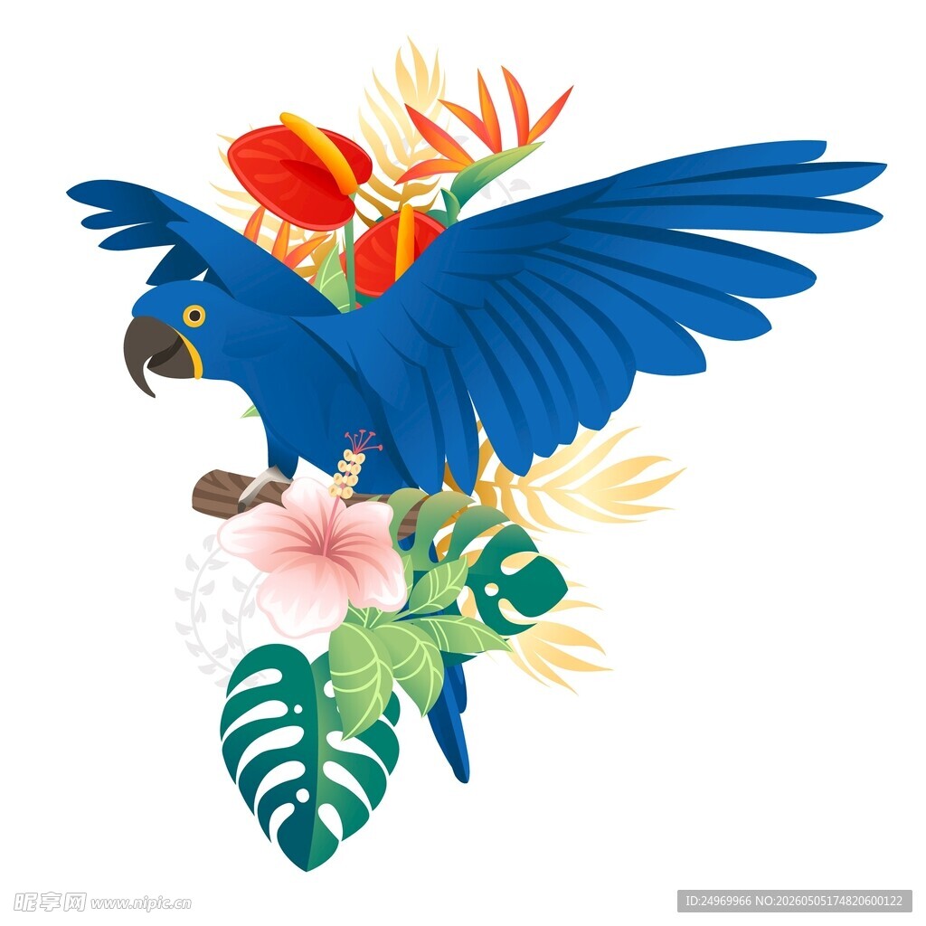 蓝鹦鹉与热带花卉