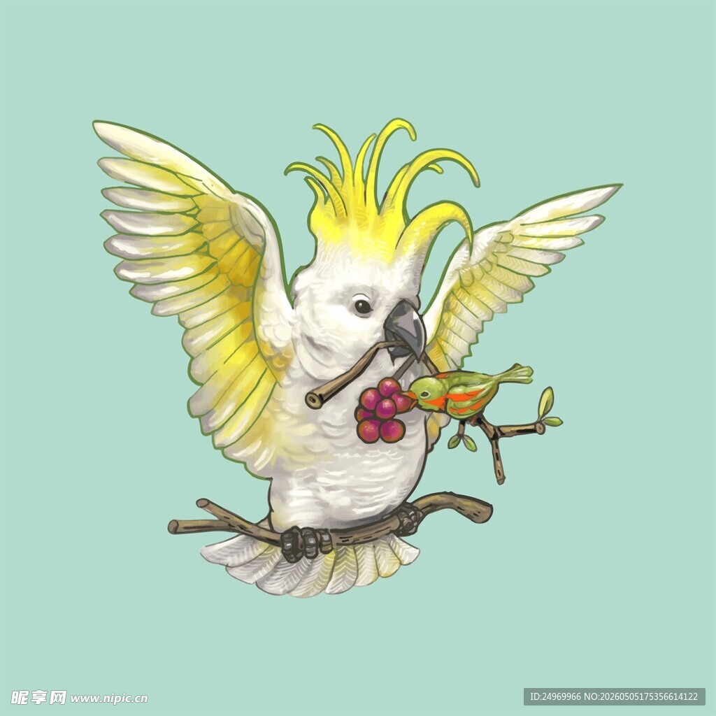 展翅鹦鹉叼花栖于枝