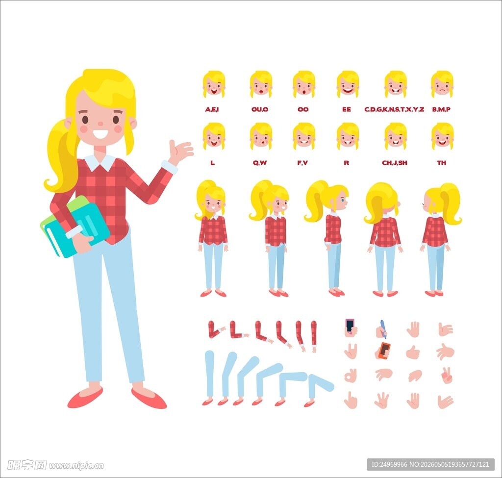 卡通女孩多样化姿势插图