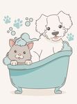 猫狗共浴趣图