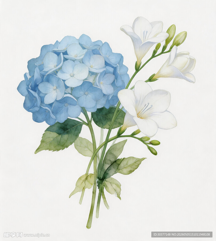 蓝白绣球花插画