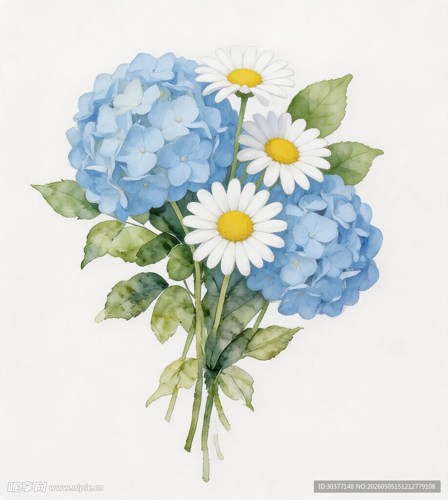 蓝绣球与雏菊插花图