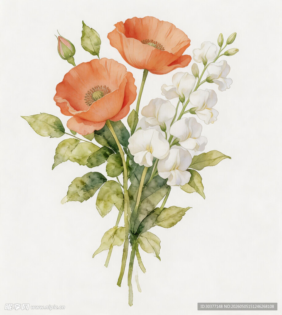 手绘橙白花卉插画