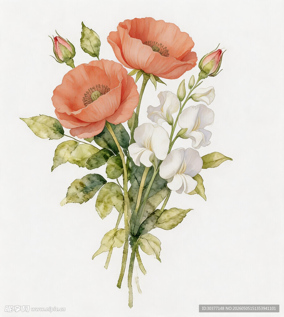 手绘花卉插画 鲜艳花朵组合