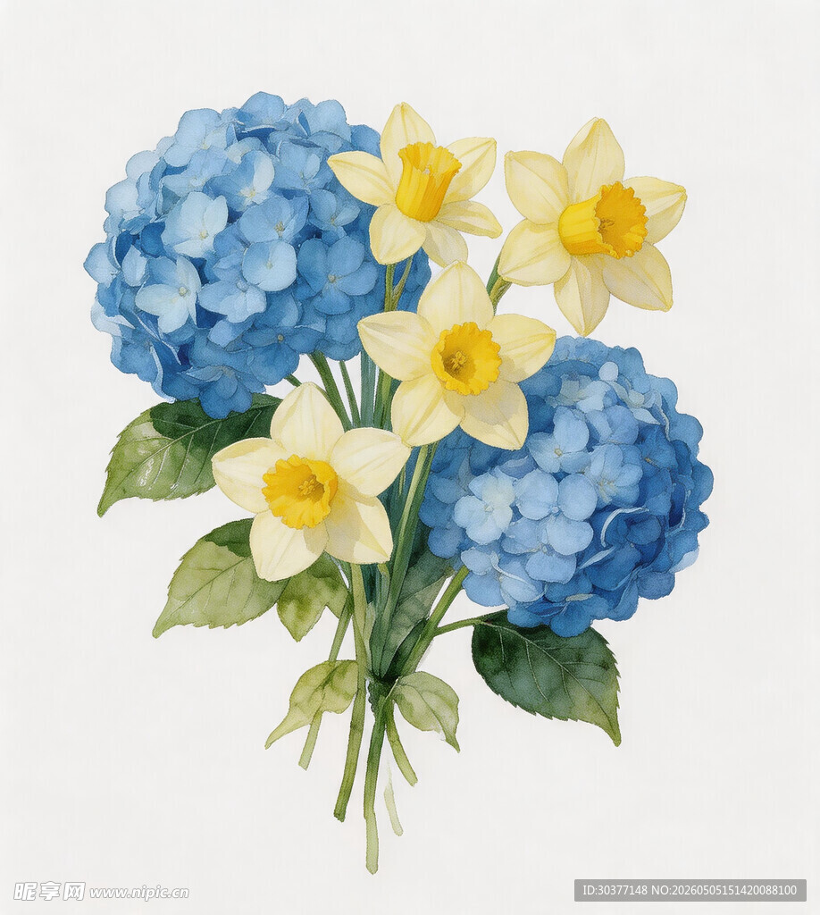 蓝绣球与黄水仙插画
